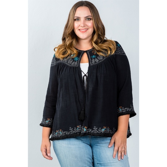 PLUS SIZE BLACK EMBROIDERY FLOWER TASSEL CARDIGAN - Picture 6 of 6